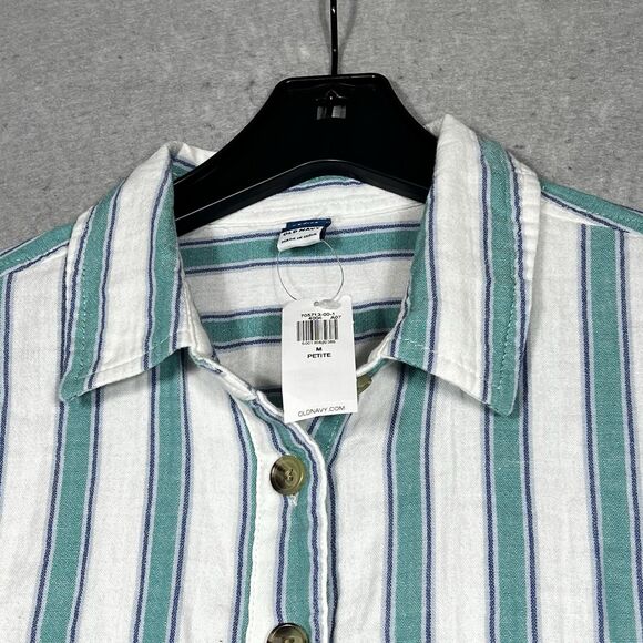 Old Navy Womens PM  Romper Blue Stripe Gauze Cinch Pockets 100% Cotton Button - Picture 2 of 14